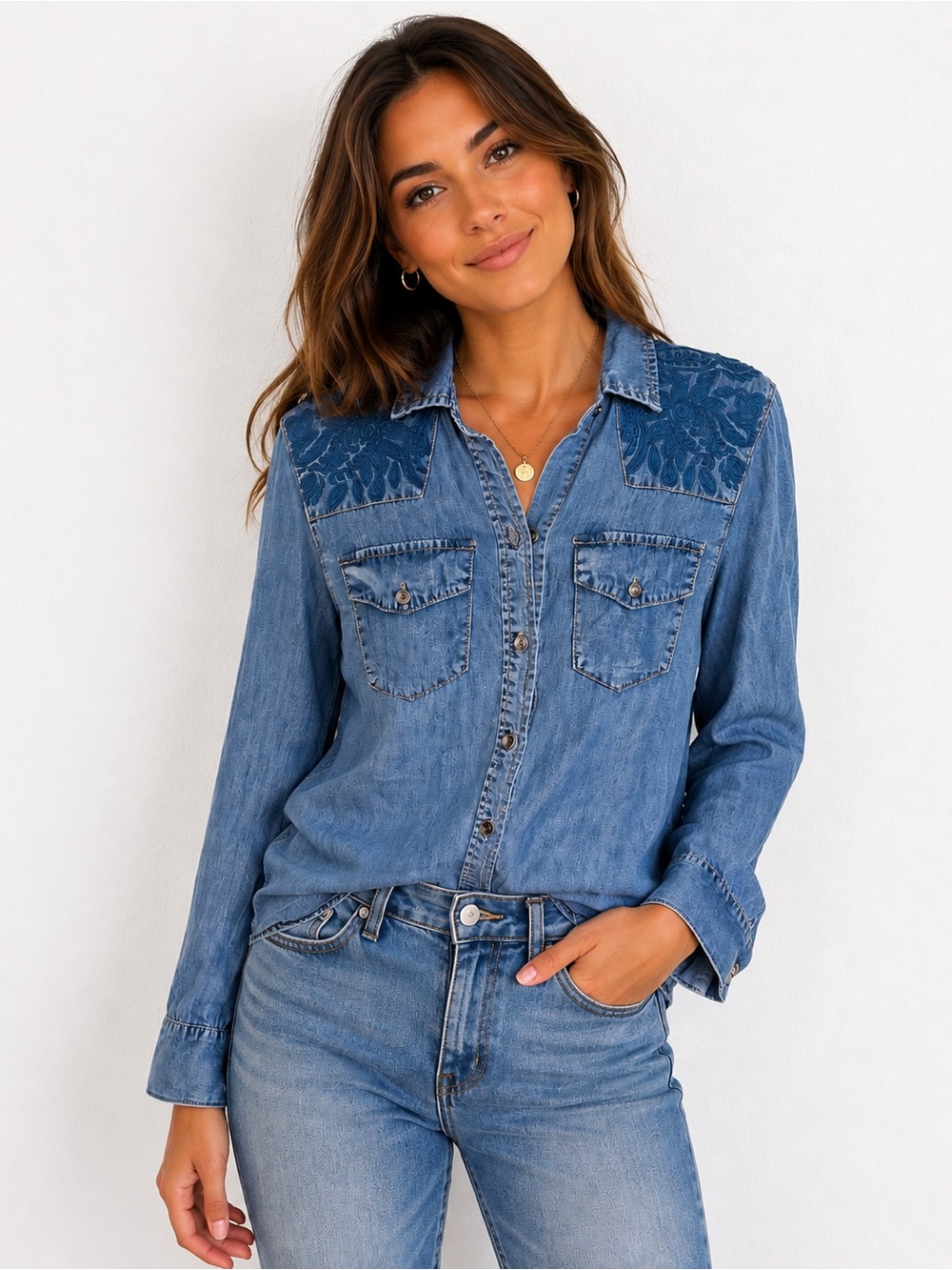 Reba Blue Denim Button-Down Shirt with Lace Yoke